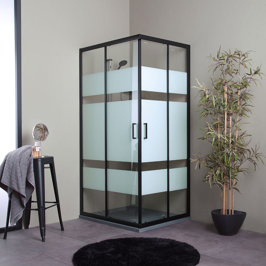 Duschkabine 80x120 in mattem Schwarz mit bedruckten Türen