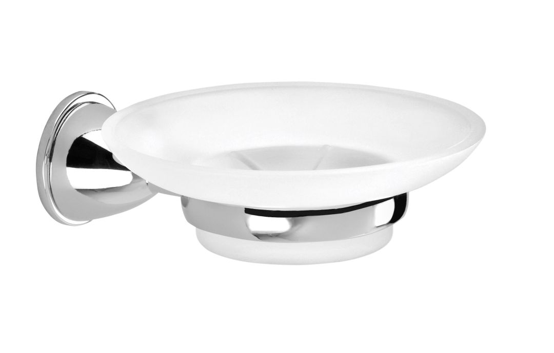 Seifenhalter Gemma in raffiniertem Opalglas mit Ergänzungen in Stahl und wandhängende Fixierungen