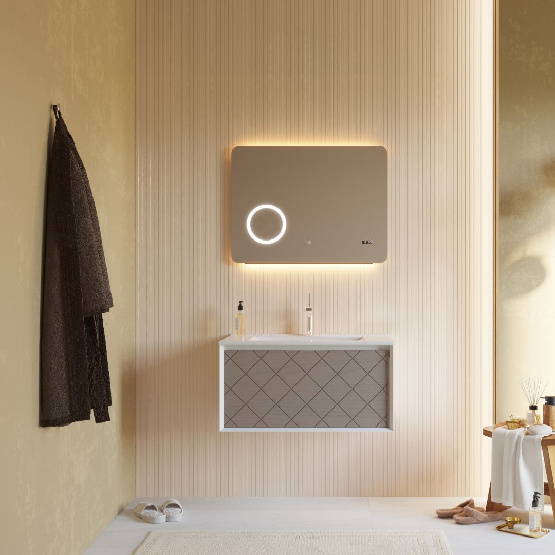 Mobile bagno 80cm con cassetto grigio a contrasto e specchio a led