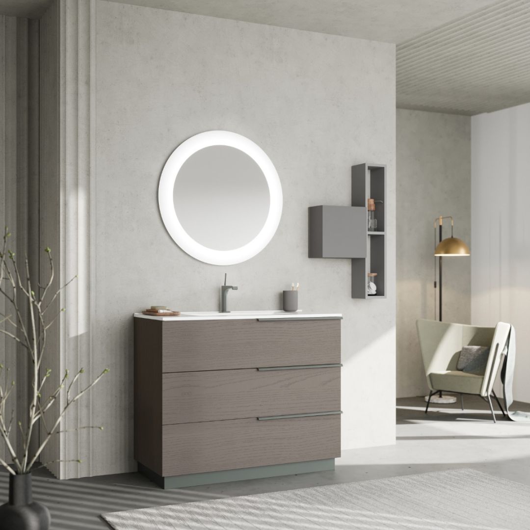 Mobile bagno a terra 100cm con specchio tondo a led