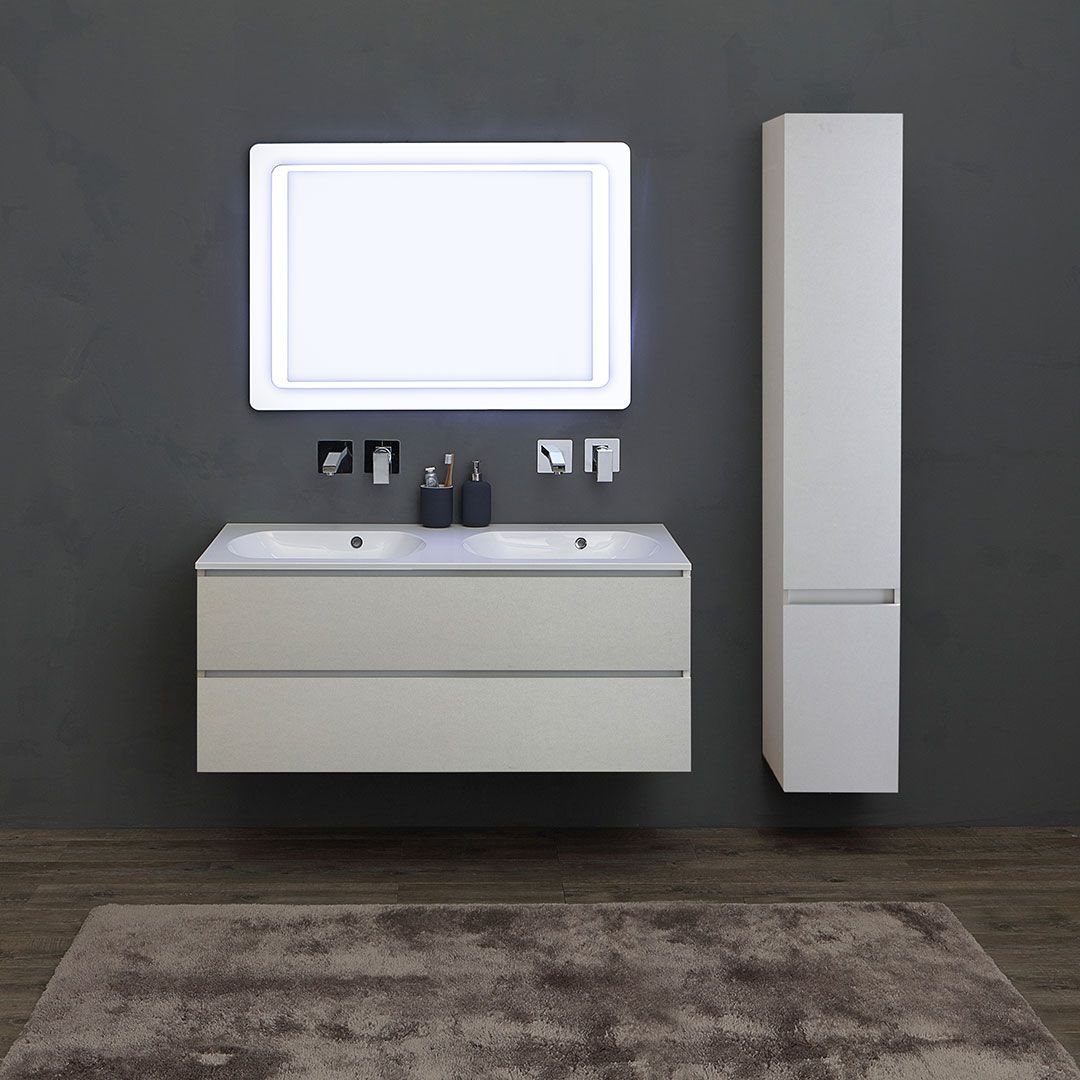 Badezimmerschrank 120 cm in Grau mit 2 Schubladen und Säule