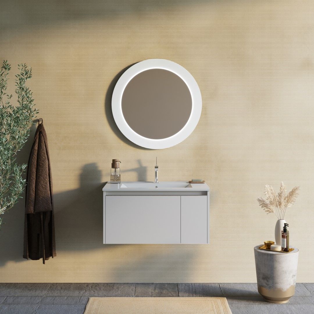 Mobile bagno grigio chiaro con specchio rotondo