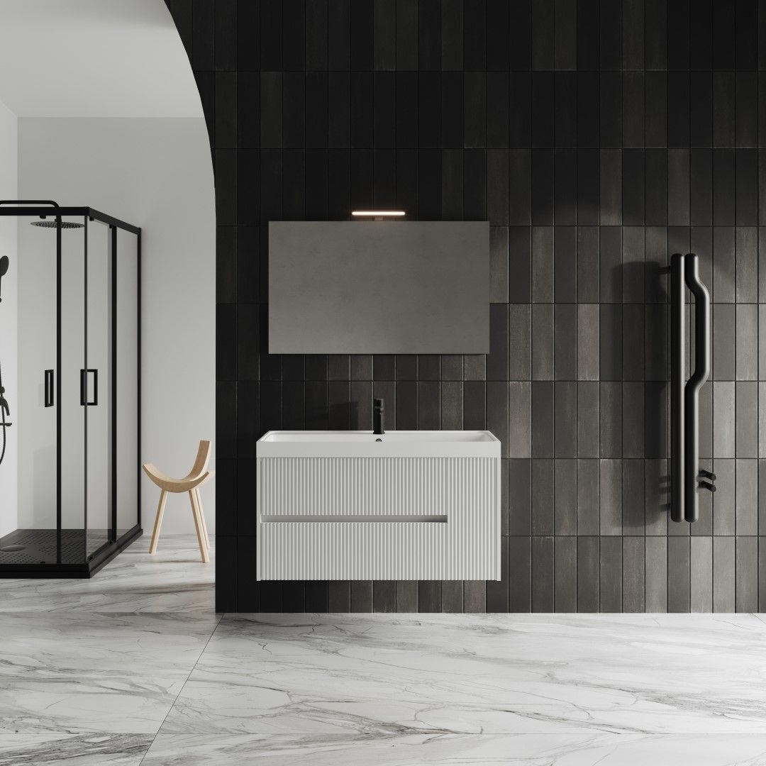 Badezimmerschrank in weiß mit Rattan-Effekt, 100 cm, mit bündigem Spiegel