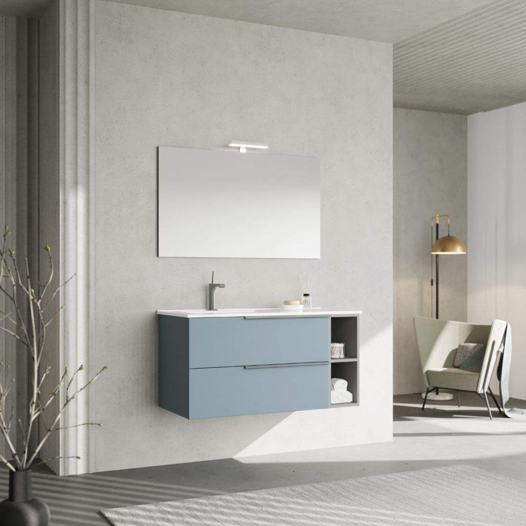 Arredo bagno sospeso 100cm celeste e specchio con lampada