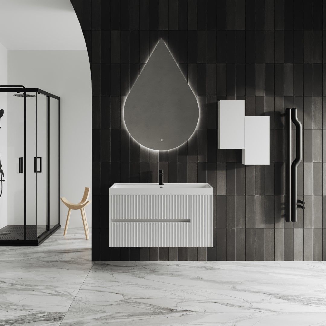 Badezimmerschrank 100 cm mit tropfenförmigem Spiegel