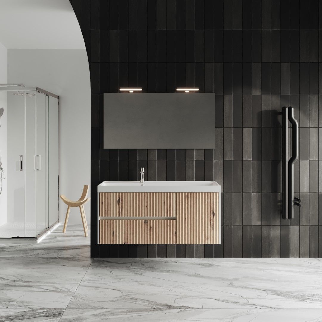 Hängendes Badezimmermöbel 120 cm in Weiß mit vorderer Front in Eichenholz Gold