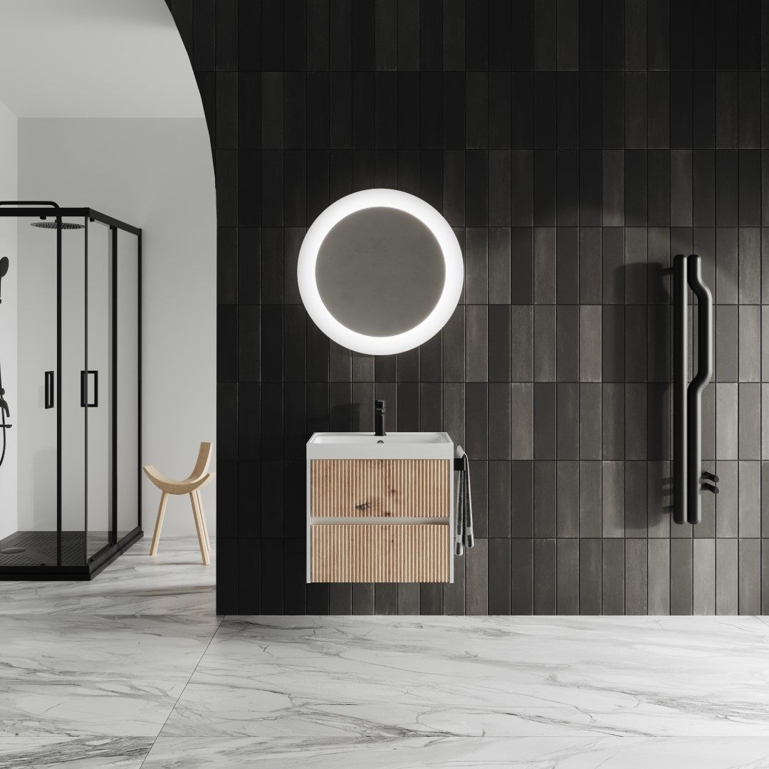 Möbelset für das Badezimmer, 60 cm, Eiche Gold, kanneliert, mit rundem Spiegel