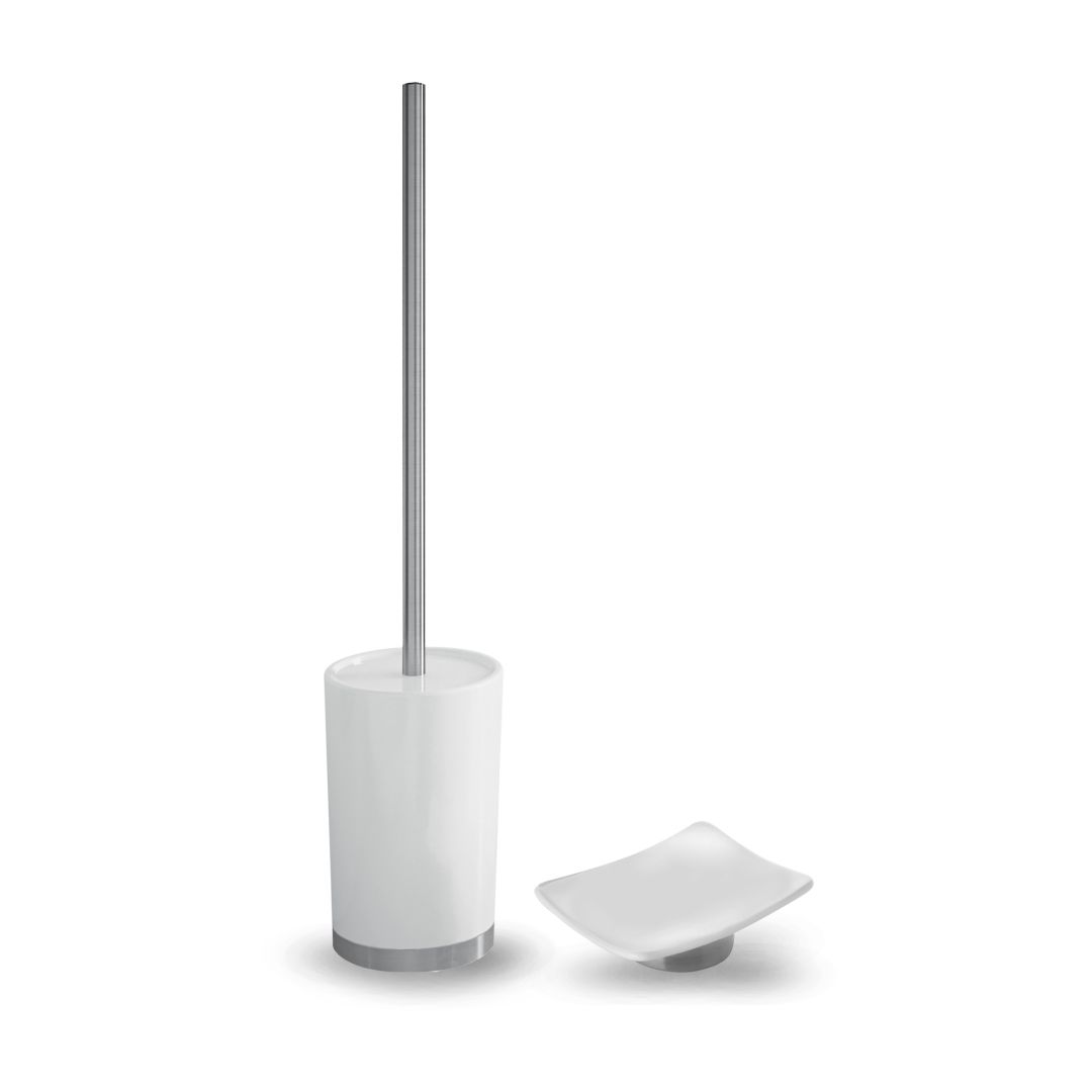 Toilettenbürste und Seifenschale aus Keramik.